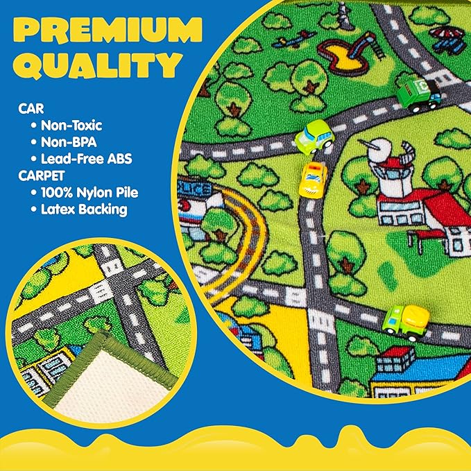 JOYIN Carpet Playmat w/ 12 Cars Pull-Back Vehicle Set for Kids Age 3+, Jumbo Play Room Rug, City Pretending Play