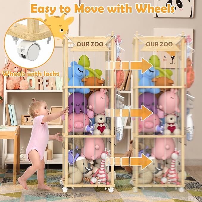 SANXUO Wooden Stuffed Animal Storage Organizer,Hanging & Rolling Toy Storage,Space-Saving Plush Zoo Cage Holder for Kids’Bedroom, Nursery, Playroom,White Elephant Gifts for Boys & Girls