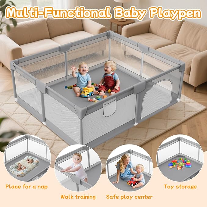 Deeteck Baby Playpen 79"x71" - Extra Large Playpen for Babies and Toddlers with 2 Handle - Baby Fence Play Area Safety Center for Indoor & Outdoor, Grey