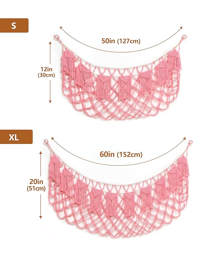 Boho Macrame Stuffed Animal Hammock with LED Lights, Wall Corner Hanging Plushie Net, Large Toy Organizer for Kids Bedroom Nursery Playroom & Dorm (Pink XL)