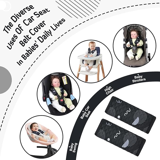 INFANZIA Car Seat Strap Covers for Infants Babies, Soft Carseat Shoulder Pads for Kids, Double-Sided Use Seatbelt Cushion Covers for Stroller, Pushchair & High Chair (Black)