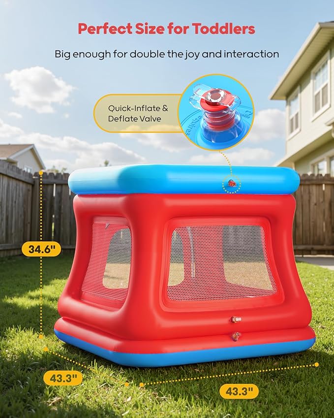 QPAU 3-in-1 Inflatable Bounce House for Toddlers 1-3, Ball Pit & Trampoline, Inflatable Bouncy House with Safety Net, Indoor & Outdoor Bubble Bouncer (Blue & Red)