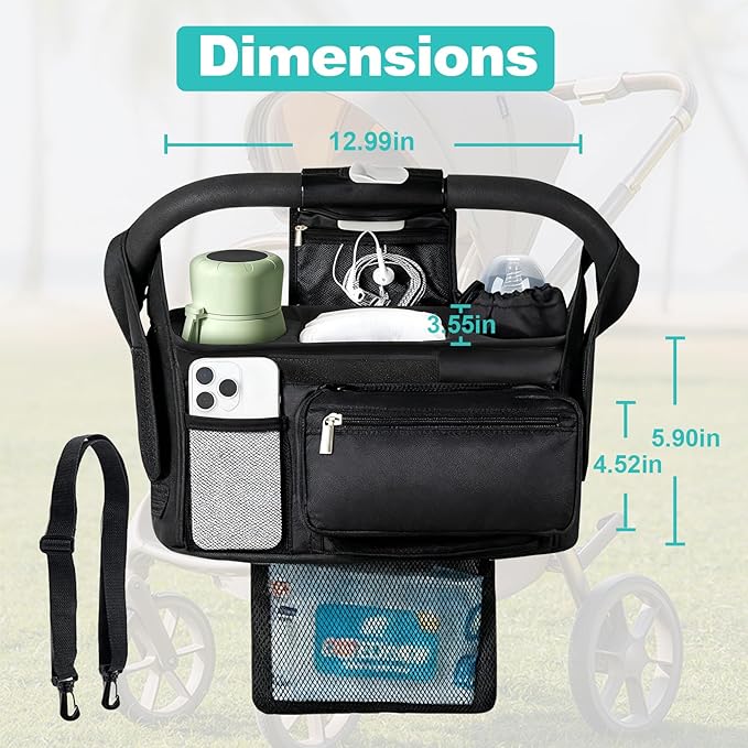 eutopic Universal Stroller Organizer with Insulated Cup Holder Detachable Phone Bag & Shoulder Strap, Bag Caddy Fits for Stroller like Uppababy, Baby Jogger, Britax, BOB, Umbrella & Pet Stroller