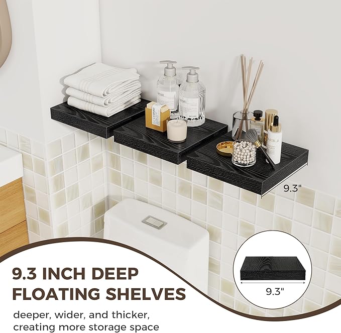Fun Memories Square Floating Shelves for Wall, 9.3" W x 9.3" D x 1.4" H, Shelves for Wall with Invisible Brackets, Small Wood Storage Shelves for Kitchen, Living Room, Bedroom, Set of 3 (Black)