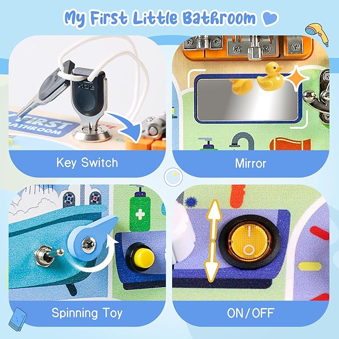 Teekdeer Busy Board Montessori Toys for Toddler 1-3 Year Old, Wooden Sensory Board with LED Light Switches,Bathroom Theme Travel Toys for 1+ Year Old Boy & Girl Birthday Gift