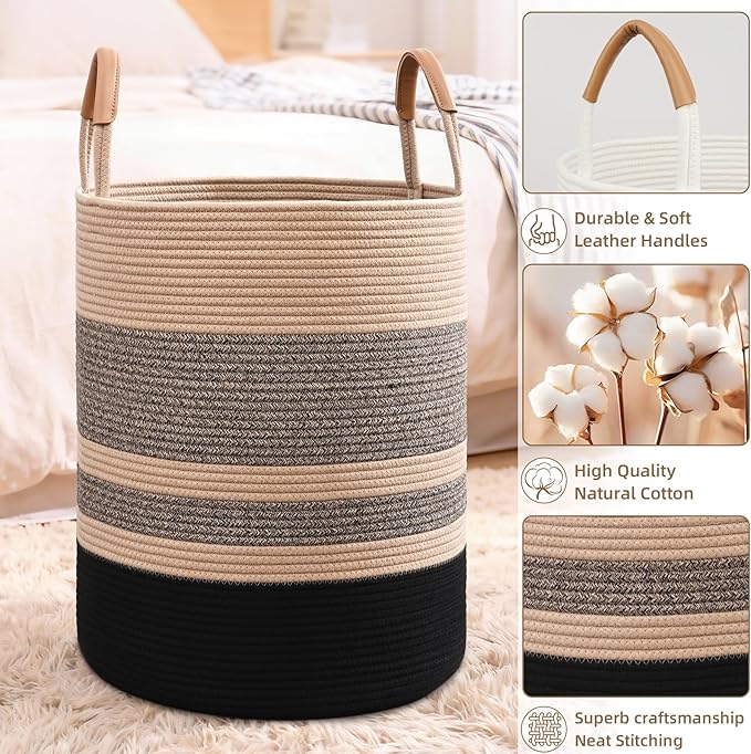 Degeyoyo 60L Striped Laundry Basket, Brown & Black Laundry Hamper with Leather Handles, Woven Cotton Rope Storage Bin for Blankets, Nursery Hamper for Clothes, Toys In Bathroom, Livingroom, Bedroom