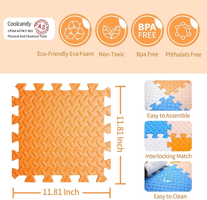 Coolcandy Baby Foam Play Mat 16Pcs with Edge Strips, 4 Colors Interlocking Floor Tiles, 0.4″ Thickened Non-Slip Puzzle Floor Mat for Infants Toddlers Playroom & Daycare
