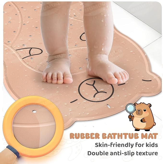 Non Slip Shower Mat Baby Bath Tub Mat Ruber Cartoon Capybara Bathtub Mats for Toddlers and Kids Cute Bath Mats with Suction Cups and Drain Holes 30"x18", Brown
