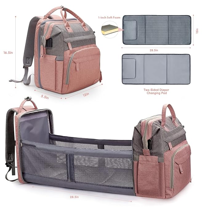 DERJUNSTAR Diaper Bag Backpack – Large Capacity Baby Diaper Bag with Changing Pad for Dad and Mom, Waterproof Travel Backpack, Multi-Function Bag with USB Charging Port, Rose Pink