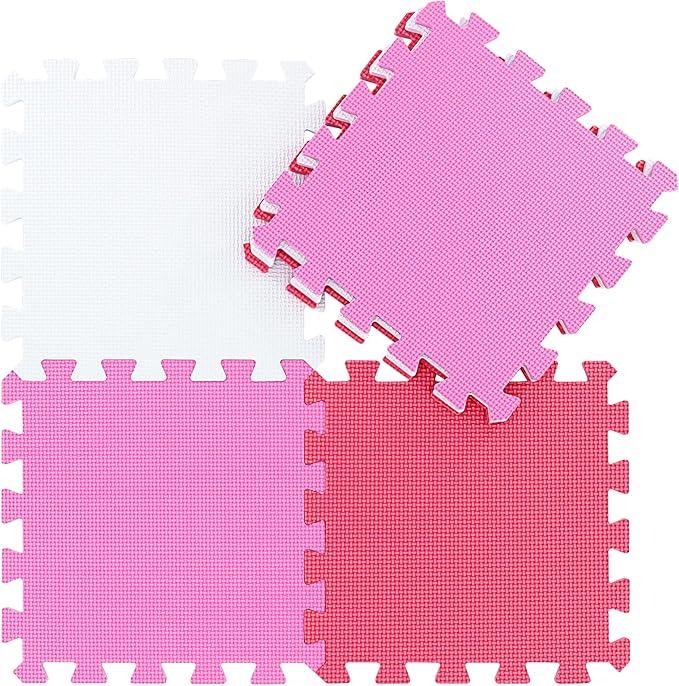 qqpp EVA Rubber 18 Tiles Interlocking Puzzle Foam Floor Mats - Baby Play Mat for Playing | Exercise Mat for Home Workout. White, Pink, Red. QC-ACIb18N