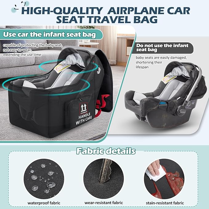 RAINSMORE Infant Car Seat Travel Bag for Airplane Compatible with All Nuna Pipa Car Seat and Base Chicco KeyFit 30 and Base Padded Car Seat Backpack for Travel Carseat Gate Check Bag with Side Pocket