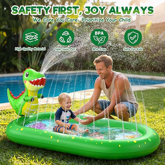 Splash Pad for Toddlers, 3-in-1 Dinosaur Inflatable Kiddie Pool Sprinkler for Kids, Baby Splash Pads Outdoor Play Mat, Backyard Summer Water Toys Birthday Gift for 1+ Year Old Girls Boys