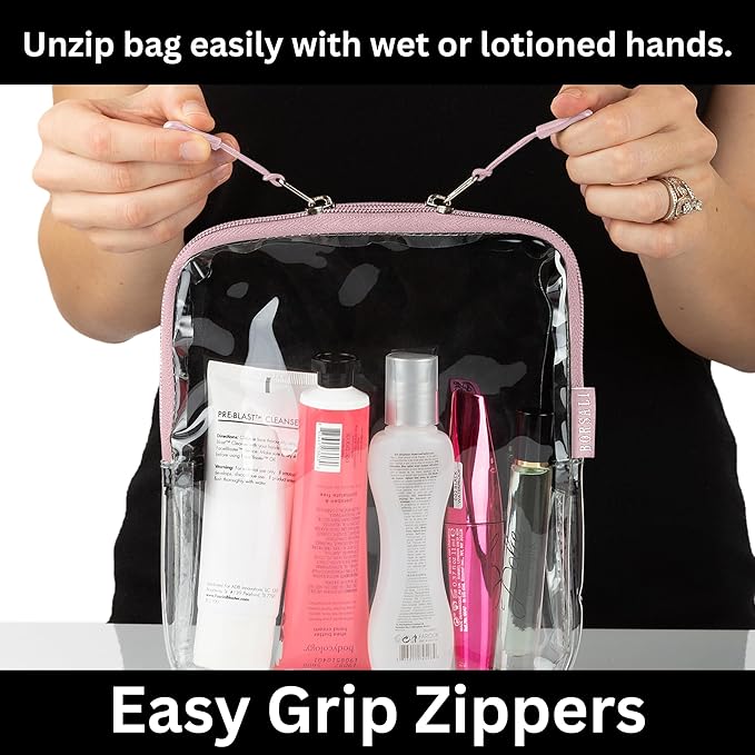 BORSALI Travel Pouches for Toiletries, Portable Flat Pack Squeeze Containers for Shampoo & 3-1-1 Liquids, Empty Travel Size Essentials for Women - 18 Piece Set with TSA Approved Bag