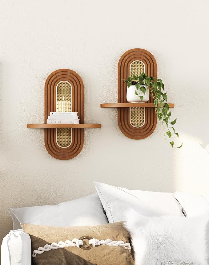 Floating Shelves for Wall, Boho Home Wall Decor,Rattan Plant Shelf Set of 2, Mid Century Small Decorative Shelf, Natural Wood Shelves for Living Room,Bedroom,House,Office (Walnut)