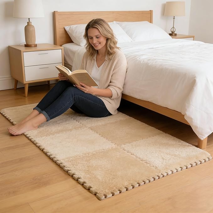 16pcs 0.6" Thickened Interlocking Tile Mats,Fluffy Shaggy Soft EVA Foam Area Rug for Living Room & Bedroom,Non-Slip Protective Floor Carpet Play Mat Kids Baby Dorm Home Decor (11.8ft, Khaki)