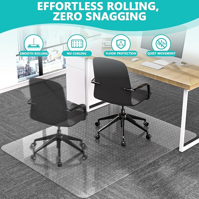 Office Chair Mat for Low Pile Carpet with Lip, 48" x 60" Clear Heavy Duty Plastic Floor Protector for Smooth Rolling Desk & Computer Chairs, Under Desk Chair Mat for Home Office