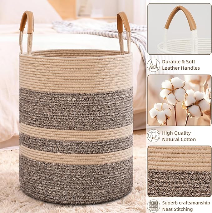 Degeyoyo 90L Striped Laundry Basket, Dark Brown Laundry Hamper with Leather Handles, Woven Cotton Rope Storage Bin for Blankets, Nursery Hamper for Clothes, Toys In Bathroom, Livingroom, Bedroom