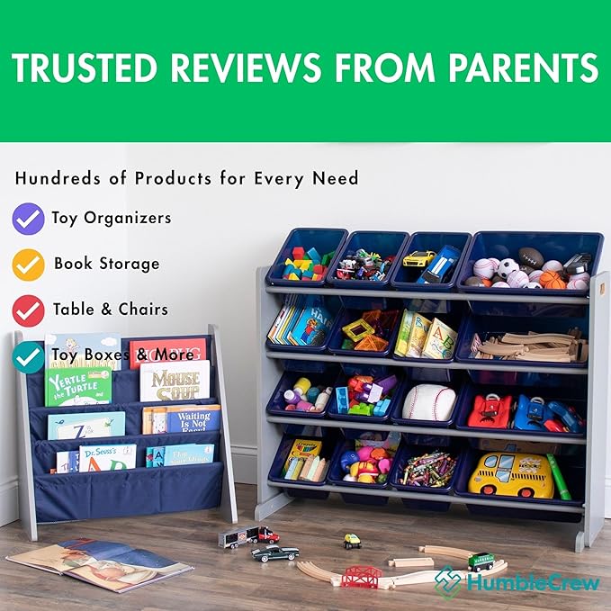 Humble Crew Kids Bookshelf, 4-Tier Front-Facing Book Display Organizer, Montessori Toddler Bookcase for Playroom, Bedroom & Reading Corner, Grey Wood/Navy