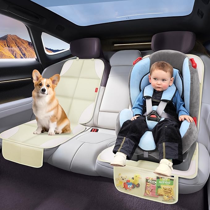 Car Seat Protector for Child Car Seat with Thick Padding, Non-Slip Backing, Mesh Storage Pockets, Waterproof Car Seat Covers Under Baby Seat for SUV, Sedan, Truck