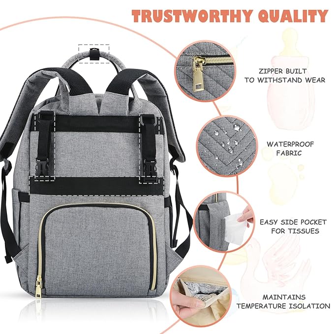 Tenot Baby Diaper Bag Backpack, Travel Diaper Bags for Baby Girl Boy Large Capacity Baby Bag Backpack for Women Grey