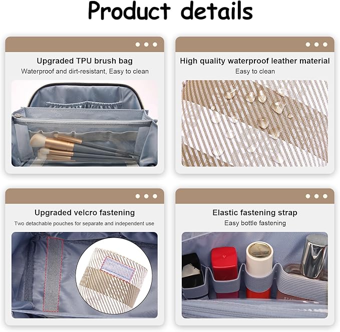 BOYATU Travel Makeup Bag Organizer Cosmetic Bag: 3 Pcs Set Make up Bags for Women with Handle - Waterproof Vegan Leather Toiletry Bags Travel Essentials Pouch with Compartments (F-04-Brown)