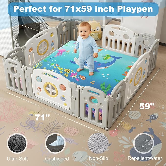 1.3" Thick Baby Play Mat for Floor, Elasti-Foam 71x59 Playpen Mat, Water Repellent Ultra Soft Coral Velvet Tummy Time Crawling Mats for Kid Toddlers Infants, Non-Slip Backing Safe for Crawling Ocean