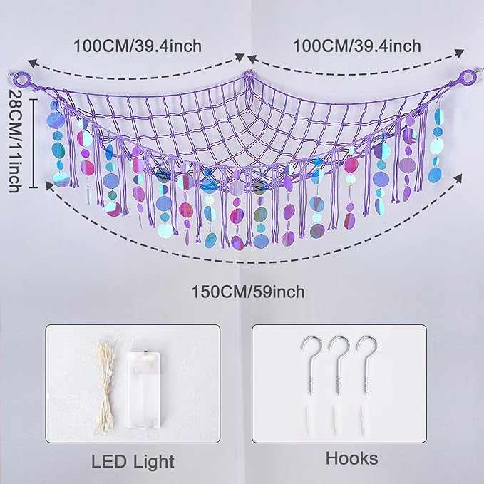 FIOBEE Stuffed Animals Hammock Net Toy Storage Organizer with LED Light, Stuffed Animals Storage Girls Room Décor Wall Hanging with Sequins for Kids Bedroom Nursery Playroom, Purple