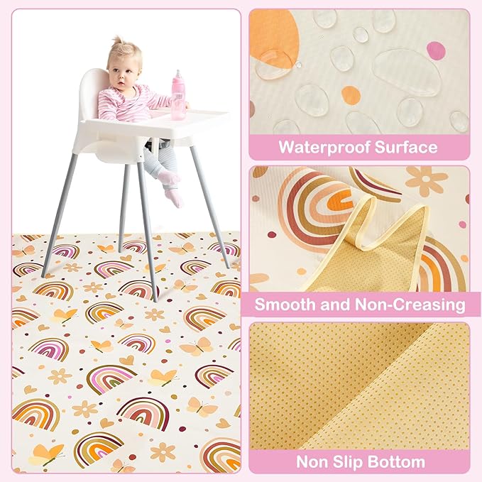 Basumee Splat Mat High Chair Mat Waterproof Baby Play Splat Mat for Under High Chair Food Catcher Highchair Mat for Floor Non Slip Bottom, Brown Rainbow, 60x60 Inches