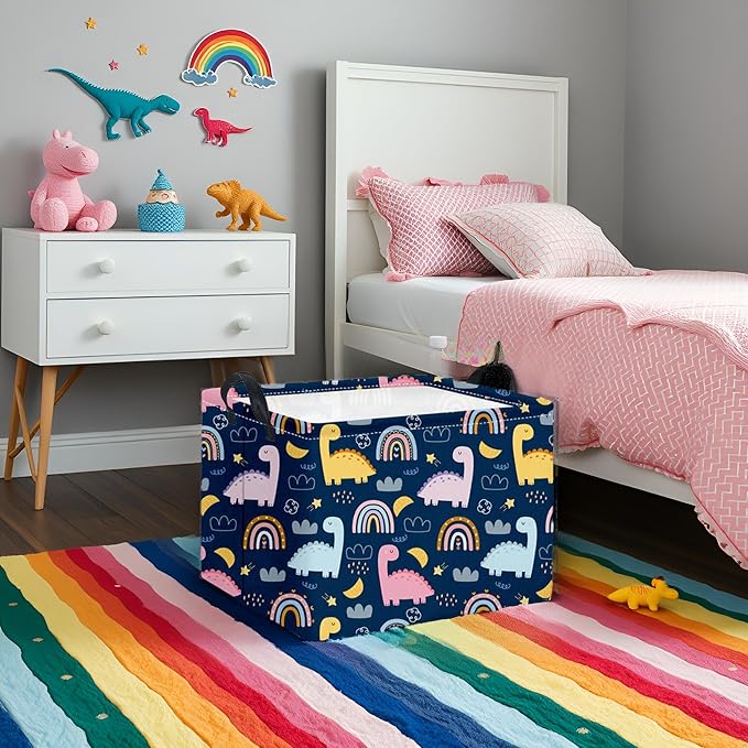 TIBAOLOVER Rectangular Dinosaur Basket Kids Baby Storage Basket Cute Storage Bin Organizer Shelf Book Rainbow Room Decor(Rainbow Dinosaur)