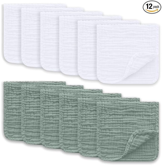Ease Cubs Muslin Burp Cloths Large 100% Cotton Hand Washcloths for Boys & Girls, Baby Essentials Extra Absorbent and Soft Burping Rags for Newborn Registry (White & Green, 12-Pack, 20" X10")
