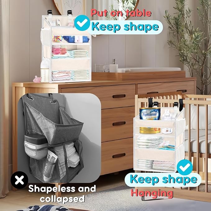 Ofiray-home Hanging Diaper Organizer for Changing Table,Cribs,Car,Playard or Wall & Nursery Organization - Spacious & Durable 2-Tier Diaper Organizer- Hold 90+ Diapers, Won't Deform, Beige