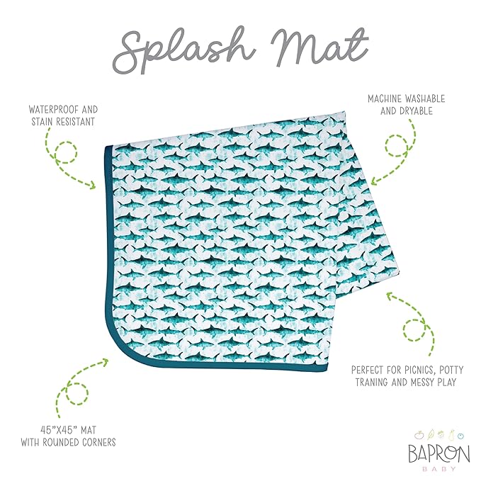 BapronBaby Shark Attack Splash Mat - Waterproof Catch-All for Under High Chairs, Floors, Tables, Playtime or Arts & Crafts - Machine Washable - 45" x 45”