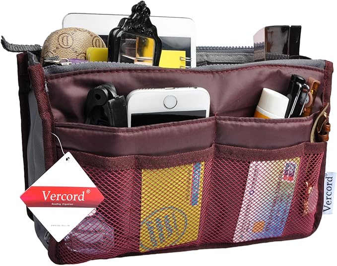 Vercord Purse Organizer Insert for Handbags Bag Organizers Inside Tote Pocketbook Women Nurse Nylon 13 Pockets Burgundy Small