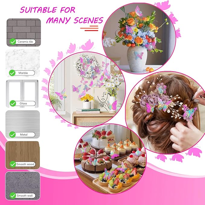 3D Gold Butterfly Wall Decor 3 Sizes 4 Styles Butterfly Party Decorations Cake Decorations Removable Stickers Wall Decor Room Mural Metallic Kids (Laser Pink Purple, 36Pcs)