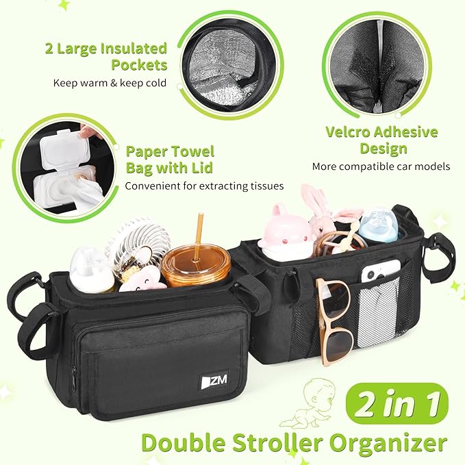 ZZM Double Stroller Organizer with 2 Cooler Pockets,Compatible for Bob Duallie, Jeep and Baby Jogger City Mini GT2, Double Baby Stroller Accessories, Parent Console Double Jogging Stroller Organizer