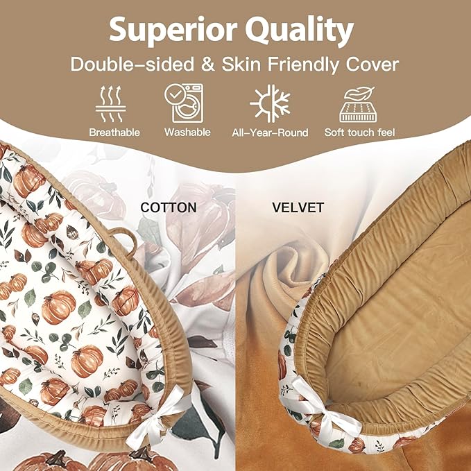 Baby Lounger-Breathable and Soft Organic 100% Cotton, Portable Infant Lounger with Removable Lounger Cover, Baby nest Lounger for Newborn - Punpkin