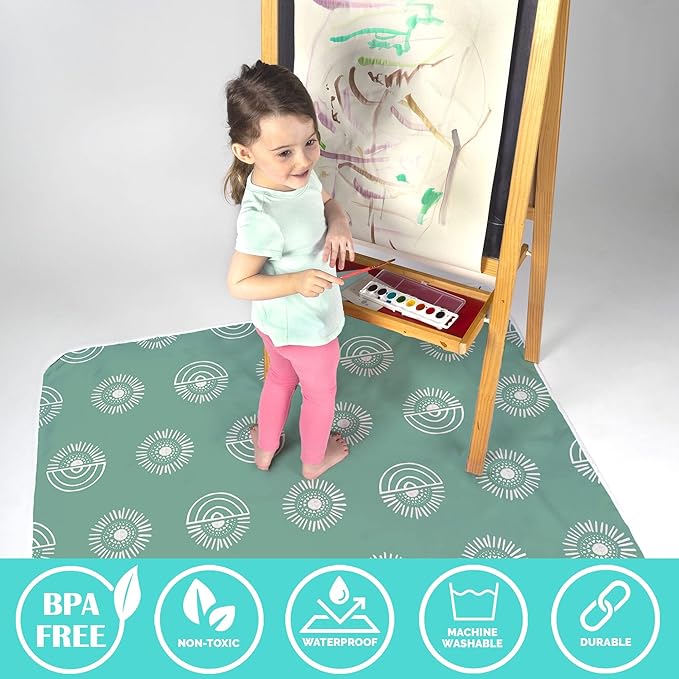 JumpOff Jo - Large Baby Splat Mat for Under High Chair, Booster Seat, Tabletop, Food Catcher - Protect Floor and Carpet from Spills & Crafts - Waterproof and Washable (Rainbow Sun)