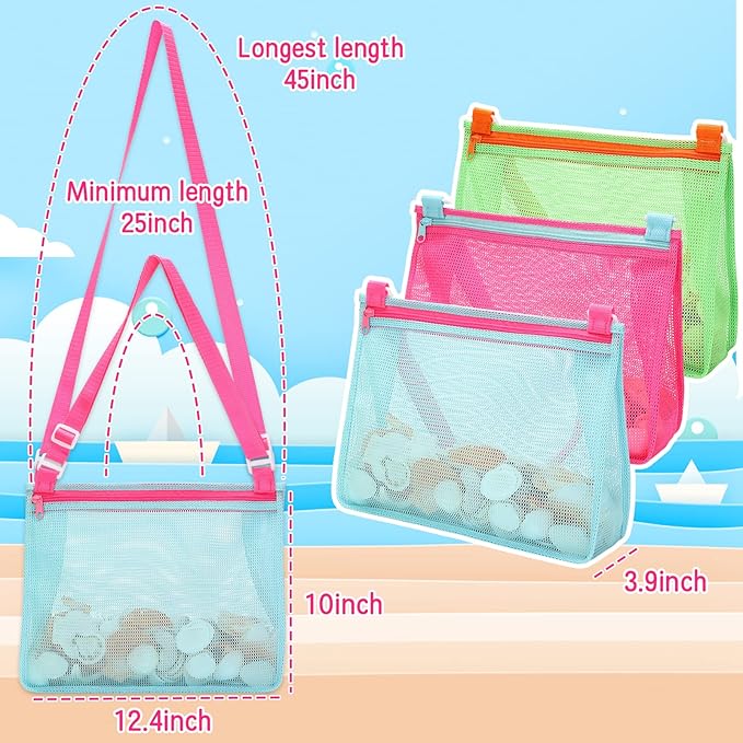 Tagitary Beach Toys Large Mesh Beach Bag Sand Toy Shell Collecting Bag for Holding Shells Pool Bag Swimming Accessories Gift for Teens Boys and Girls (Only Bags,A Set of 3)