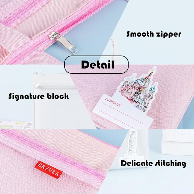 BRZUKA Mesh Zipper Pouch 11x13.7 in, A4 Double Pocket Waterproof File Bag with Handle, Document Storage for School/Travel/Office/Puzzle (Pink, 2pcs)