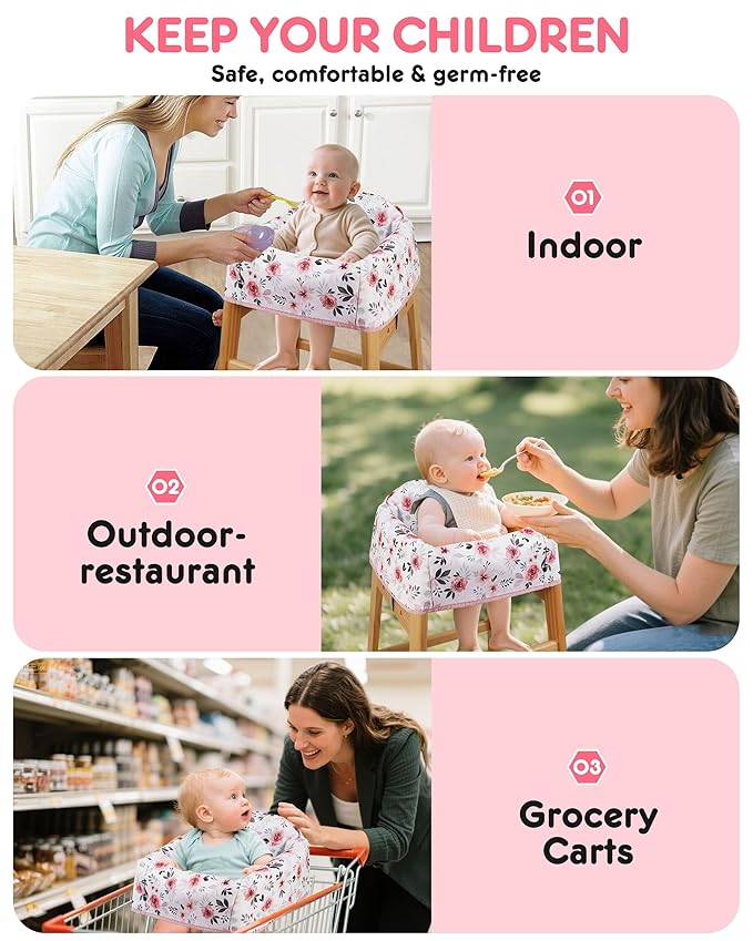 Lunobubo Baby High Chair Cover Restaurant with Strap Pads & 3-Point Harness, Machine Washable, Waterproof Portable Highchair Covers for Eating, Travel, Home Use - Fits Wooden Chairs, Pink Flowers