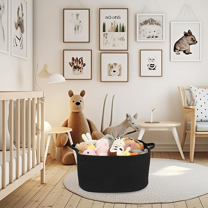 Large Rectangle Blankets Basket Living Room 22"x17"x12" Woven Cotton Rope Storage Baskets for Nursery Toy Baskets for Kids and Dogs Wicker Laundry Basket Bin for Clothes Towels black