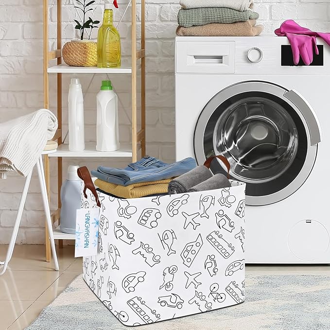 LANGYASHAN Square Storage Baskets Waterproof Canvas Children Laundry Nursery Hamper for Shelves Gift Baskets Toy Organizer Room Decor(Vehicle)