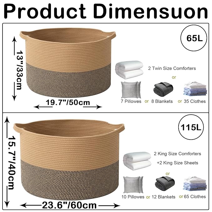 Large Storage Basket with Handle,19.7" L x 19.7" W x 13" H Blanket Basket Storage Bins for Organizing,65L Cotton Rope Woven Baskets for Living Room, Nursery,Bedroom,Jute&Black