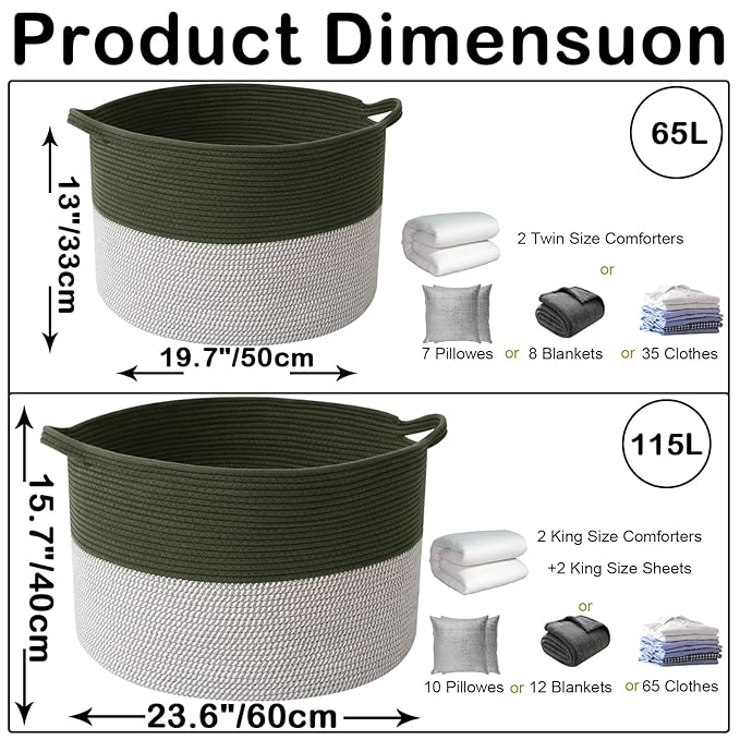 Large Storage Basket with Handle,23.6" x 23.6" x 15.7" Blanket Basket Storage Bins for Organizing,115L Cotton Rope Woven Baskets for Living Room, Nursery,Bedroom,Green&White