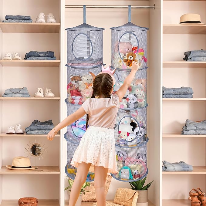 Basumee Stuffed Animals Net or Hammock 2 Pcs Stuffed Animals Storage Toy Net Hammock for Plushies Storage Organizer Mesh Kids Girls Room Decor, Gray, 4 Tiers