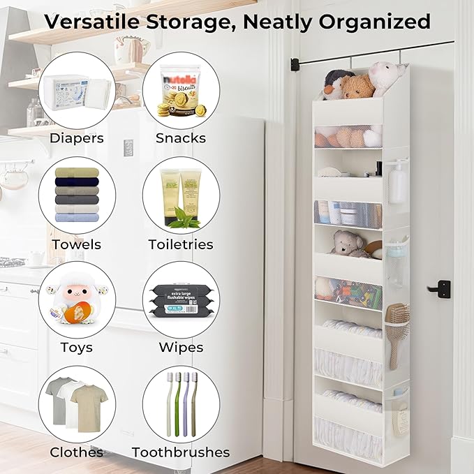 GRANNY SAYS Over The Door Organizer, 5-Shelf Behind The Door Storage with 8 Pockets and Clear Window, Anti Tilt 45lb Large Capacity Hanging Storage for Bedroom, Stuffed Animal, Beige, 2 Pack
