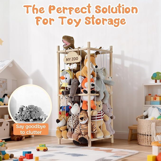 LAMU Stuffed Animal Storage Zoo, Wooden Stuffed Animals Organizer & Holder for Kids with Elastic Cords, Space Saving Plushies Toy Organizer, Easy to Setup Plush Toy Cage for Playroom Bedroom Nursery