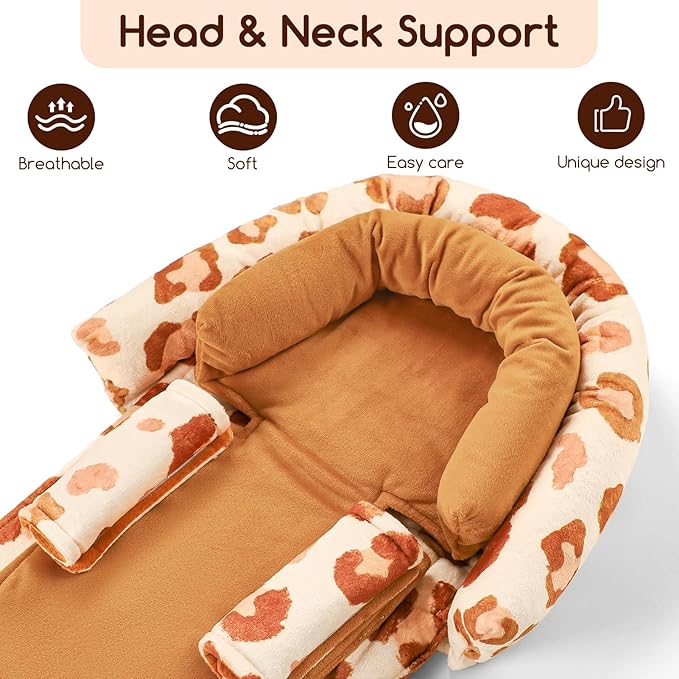 GFU Baby Car Seat Head Support for Newborn, 2 in 1 Infant Car Seat Head Body Support with Strap Pads, Soft Stroller Cushion Pillow Insert for Girls, Fits for Stroller, Swing, Brown