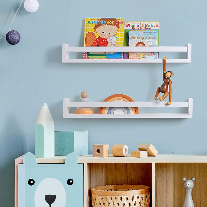 Fun Memories Nursery Book Shelves, 24Inch Floating Shelf for Wall, Wall Bookshelf for Kids Solid Wood Wall Mounted Shelves for Books,Toys and Decor Storage, Set of 2