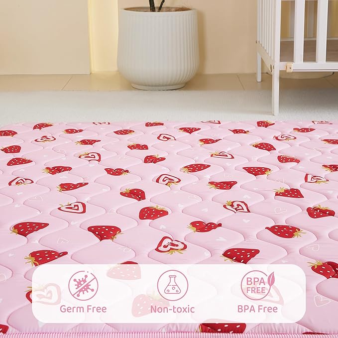 Viviland Baby Play Mats for Floor, Thicken Cushioning Padding Foam Playmate for Baby and Toddlers Infants, 50" x 50" Playpen Mat, Non-Slip & Machine Washable - Pink Strawberry